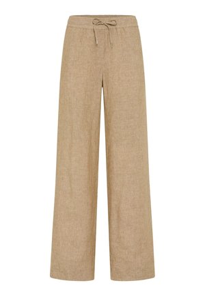 Pantalon large en lin beige avec taille élastique et cordon de serrage, conçu pour une coupe décontractée.