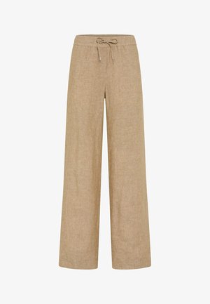 Pantaloni beige a gamba larga in lino con vita elastica e coulisse, progettati per una vestibilità comoda.