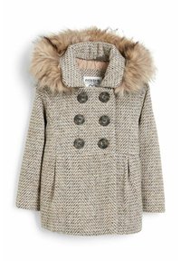 Kappa med houndstooth-mönster i beige med en konstläderkrage, med stora mörka knappar och en utsvängd design. Två sidfickor synliga.