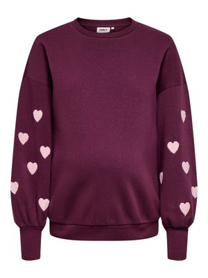 Langærmet mørk lilla sweatshirt med lyserøde hjerte mønstre på begge ærmer, ribstrikkede manchetter og linning samt rund halsudskæring.