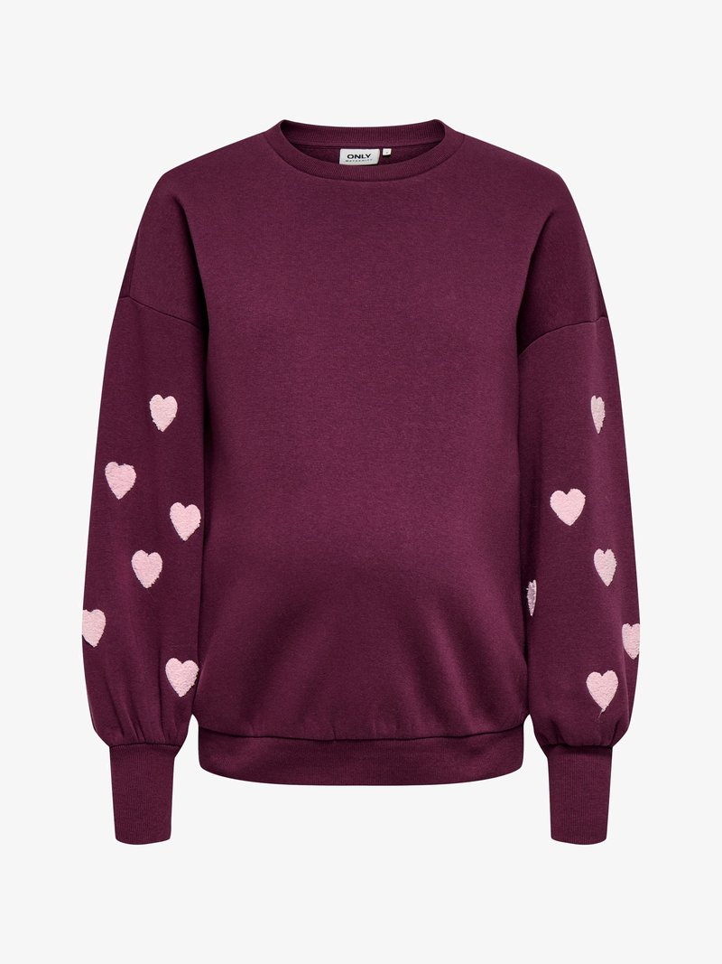 Sweat-shirt à manches longues de couleur violet foncé avec des motifs de cœurs rose clair sur les deux manches, des poignets et un ourlet côtelés, et un col rond.