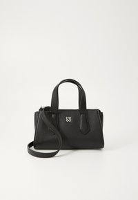 Black leather handbag with textured finish, two top handles, removable shoulder strap, and branded metal accent. Rectangular shape.