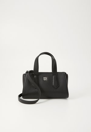 Black leather handbag with textured finish, two top handles, removable shoulder strap, and branded metal accent. Rectangular shape.