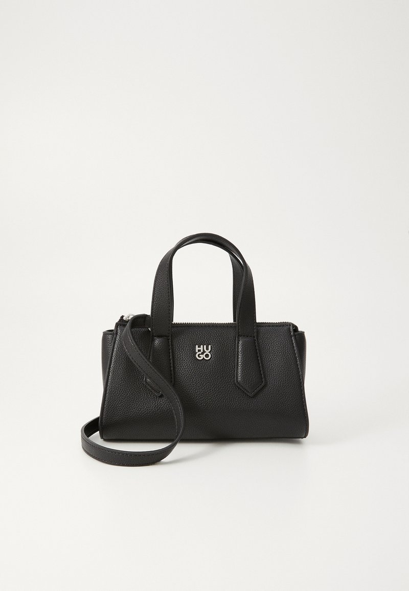 Black leather handbag with textured finish, two top handles, removable shoulder strap, and branded metal accent. Rectangular shape.