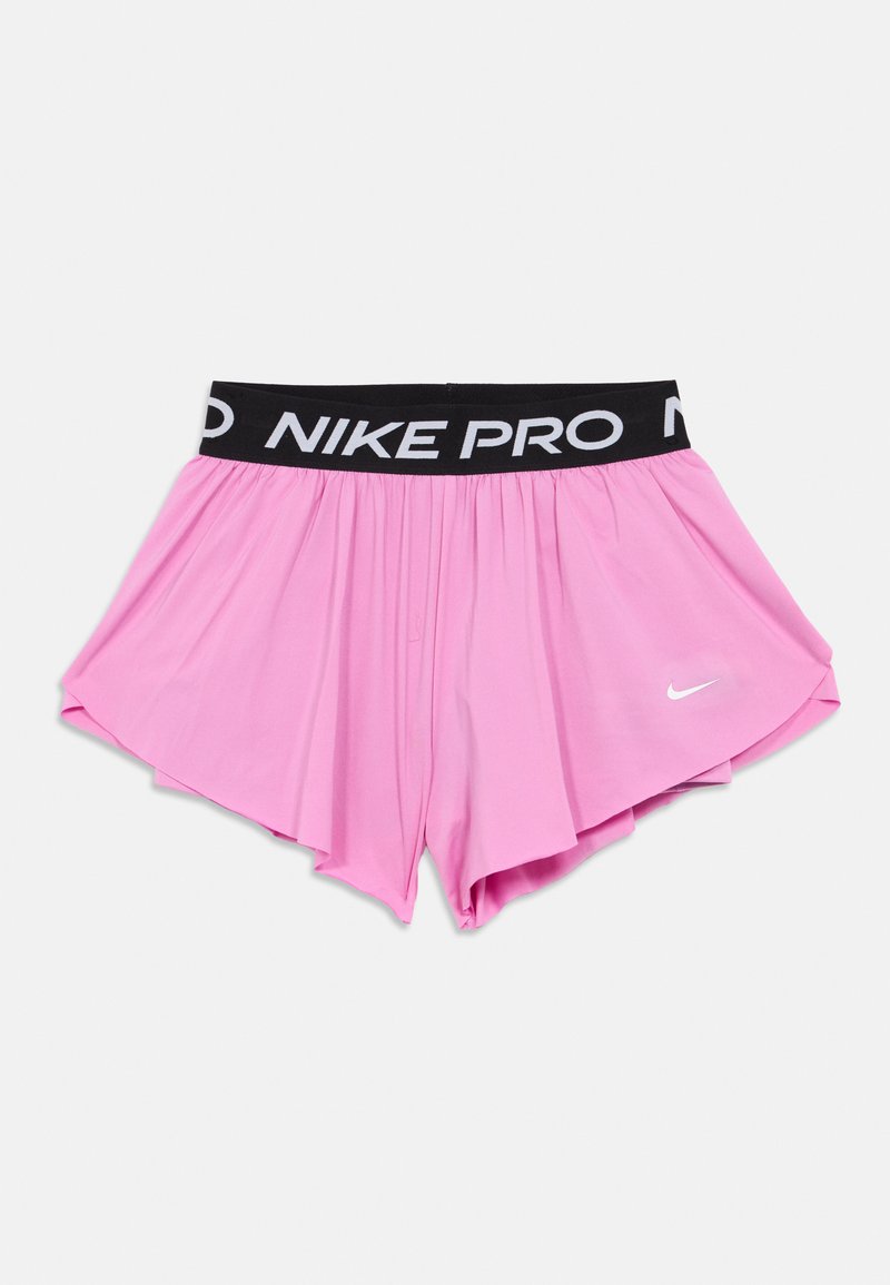 Rózsaszín Nike sportnadrág fekete rugalmas derékpánttal, amelyen fehér színnel "NIKE PRO" felirat található, illetve egy kis fehér Nike swoosh a bal lábszáron.