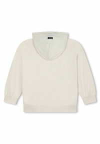 Sweat à capuche en beige clair. Présente des manches bouffantes longues, des poignets et un ourlet ribbed, une texture douce et une étiquette centrale dans le dos.