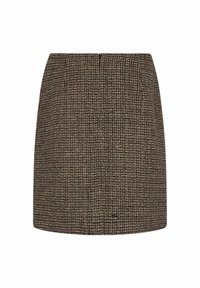 Tweed miniskørt i brune og lilla nuancer, med en struktureret design og en lynlås i ryggen. Teksturert stof med et rutenetmønster.