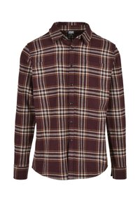 Rotes kariertes Hemd mit weißen und gelben Akzenten. Hergestellt aus Stoff mit strukturierter Oberfläche; verfügt über einen klassischen Kragen und lange Ärmel.