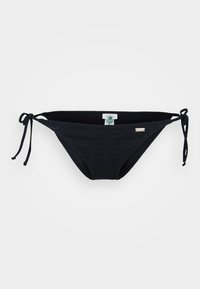 Black bikini bottom with textured fabric, adjustable side ties, and a silver logo accent. Simple design, mid-rise cut.