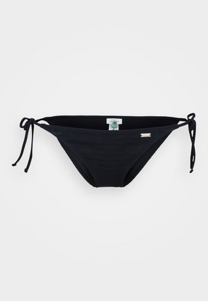Black bikini bottom with textured fabric, adjustable side ties, and a silver logo accent. Simple design, mid-rise cut.
