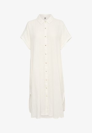 White, short-sleeved shirt dress made of soft, textured fabric. Features a button front and a classic collar, with a relaxed fit and side slits.