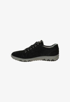 Black suede casual sneaker with black laces and gray rubber sole, viewed from the side on a white background.
