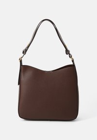 Sac à épaule en cuir marron avec une texture lisse, un haut arrondi et une seule sangle. Caractéristiques en métal doré et un design minimaliste.