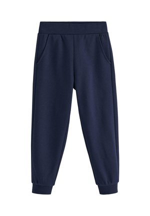 Mørkeblå sweatpants med elastisk linning, sidelommer og manchet på anklerne, lavet af blødt stof.