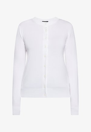 Langærmet hvid cardigan med knapper, rund halsudskæring, ribkanter på ærmer og bund, vist på en ensfarvet hvid baggrund.