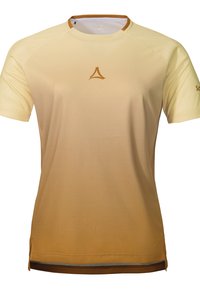 Sportliches Kurzarmshirt in einem Farbverlauf von Gelb nach Beige. Strukturiertes Material mit Rundhalsausschnitt, Logo in der Mitte und Seitenschlitzen am Saum.