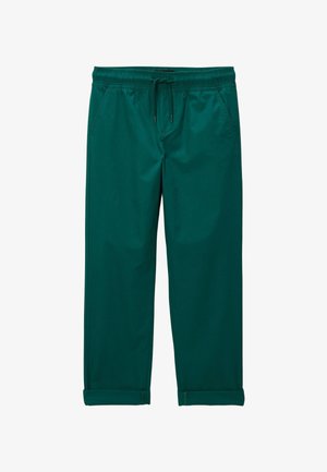 Pantalons vert canard en tissu léger, dotés d'une taille élastique avec cordon de serrage, de deux poches latérales et de revers roulés.