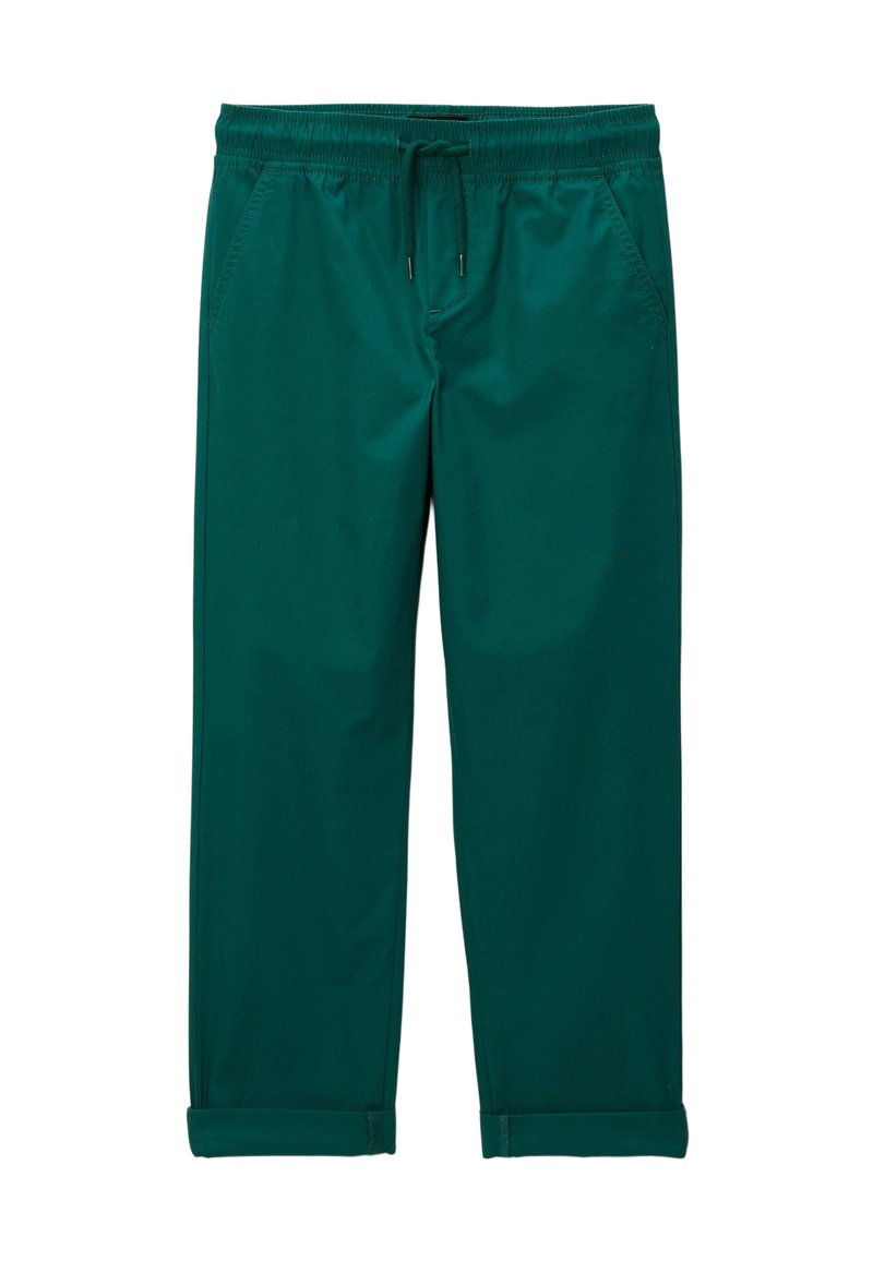 Pantalons vert canard en tissu léger, dotés d'une taille élastique avec cordon de serrage, de deux poches latérales et de revers roulés.