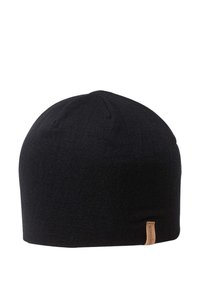 Zwarte gebreide muts met een eenvoudig ontwerp, voorzien van een omgerolde zoom en een klein leren logo-label aan de zijkant. Zachte, rekbare stof.