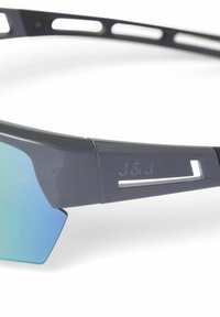 Gray sunglasses with angular design and blue-green mirrored lenses. Features a logo and vented temple for ventilation. Smooth plastic material.