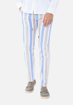 Uomo che indossa pantaloni alla caviglia con righe verticali blu, beige e bianche, abbinati a scarpe slip-on grigie e una camicia bianca.