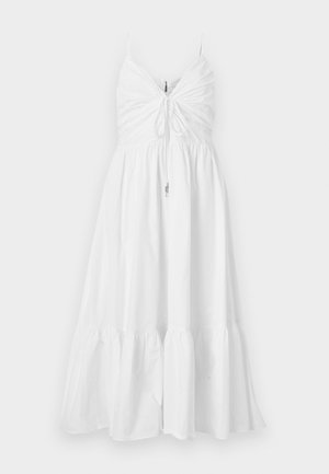 Robe midi blanche sans manches avec fines bretelles, détail à cordon fronçé à l'avant, corsage ajusté et ourlet à volants.