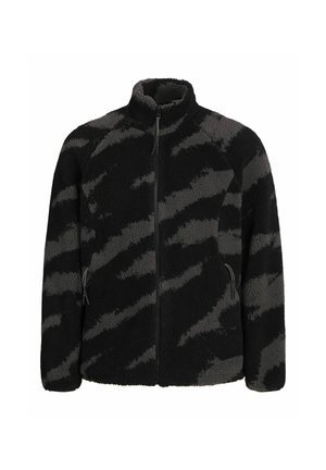 Schwarze Fleecejacke mit grauem abstraktem Muster, hohem Kragen, durchgehendem Reißverschluss und Seitentaschen. Weicher Stoff, leichtes Design.