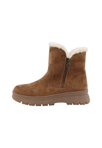 Brune ruskindsankelstøvler med en hvid faux fur-krave og lynlås i siden. Har en struktureret gummisål for greb og stabilitet.