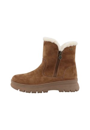 Brune ruskindsankelstøvler med en hvid faux fur-krave og lynlås i siden. Har en struktureret gummisål for greb og stabilitet.
