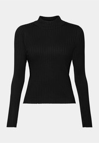 Pull noir à col roulé à manches longues avec côtes, taille cintrée et motif simple en maille texturée.