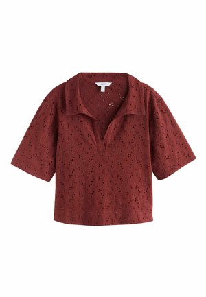 Kurzärmliges rostrot besticktes Oberteil mit offenem Kragen und floralem Cut-Out-Muster.