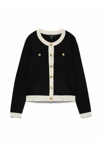 Cardigan nero con bordino bianco sul colletto, sui polsini e sull'orlo, caratterizzato da bottoni dorati sulla parte frontale e su due tasche al petto.