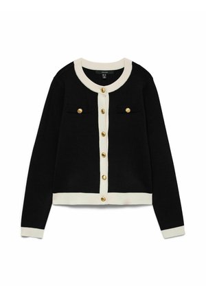 Cardigan noir avec des finitions blanches sur le col, les poignets et l'ourlet, avec des boutons dorés sur le devant et sur deux poches poitrine.