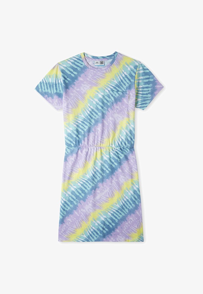 Sukienka casualowa z krótkim rękawem w niebieskie, żółte i lawendowe pastelowe paski tie-dye w ukośnym wzorze, z małą kieszonką na piersi.