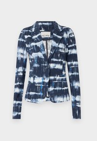 Blazer bleu marine avec motif abstrait bleu clair et blanc, fermeture à un bouton, revers crantés et deux poches avant. Coupe cintrée.