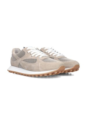 Beige sneakers with a suede and mesh upper, white laces, and a rubber sole. Features a textured design and contrasting tan outsole.