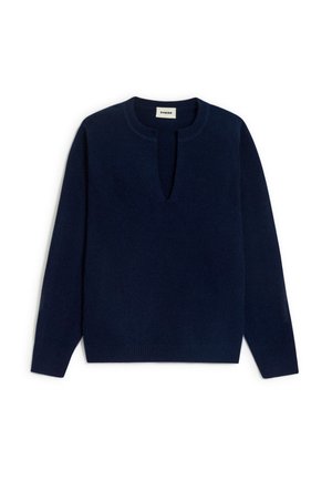 Marineblauer Pullover aus weichem Material, mit einem Rundhalsausschnitt und einem V-förmigen Ausschnitt, langen Ärmeln sowie gerippten Bündchen und Saum.