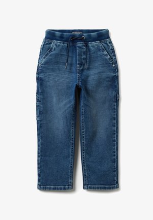 Pantaloni jogger in denim blu scuro con vita elastica, coulisse e tasche laterali; caratterizzati da un taglio casual e un leggero effetto slavato.
