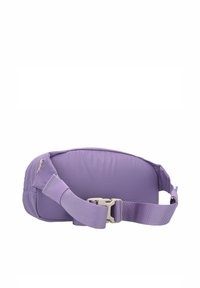 Borsa a tracolla di tessuto viola con forma rettangolare, cinturino regolabile e tasca laterale con zip. Texture liscia e design leggero.