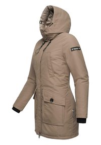Beige insulated jacket with a hood, featuring a front zipper, two chest pockets, and a drawstring at the waist. Black knit cuff accents.