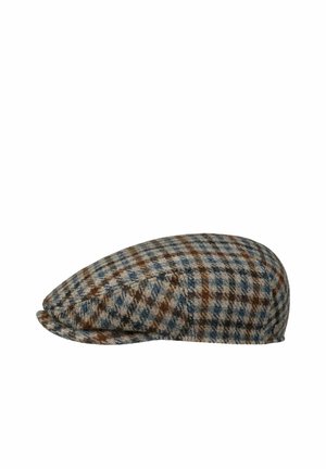 Flat cap with brown, blue, and gray plaid pattern, rounded top, and small brim, shown from the side on a white background.