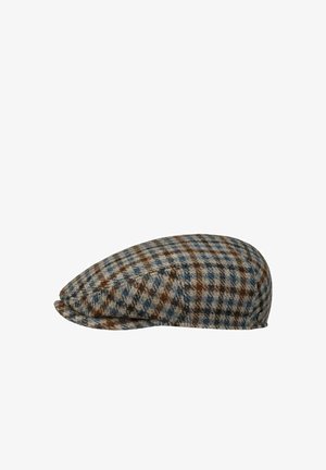 Flat cap with brown, blue, and gray plaid pattern, rounded top, and small brim, shown from the side on a white background.
