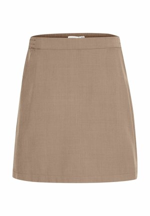 Gaiši brūna A-formas svārki ar gludu tekstūru, elastīgu jostasvītru un minimālu izšuvumu detaļu, kas piedāvā vienkāršu un plūstošu dizainu.