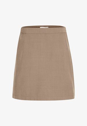 Gaiši brūna A-formas svārki ar gludu tekstūru, elastīgu jostasvītru un minimālu izšuvumu detaļu, kas piedāvā vienkāršu un plūstošu dizainu.