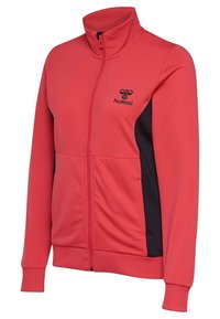 Veste de sport rouge zippée avec un col haut, des accents latéraux noirs, des poignets côtelés et un logo sur la poitrine. Fabriquée en matériau lisse.