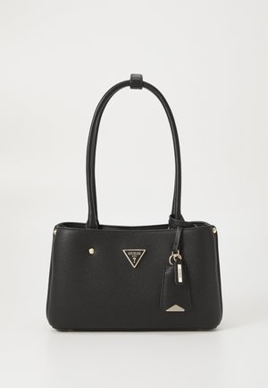 Juodas odinis rankinukas su dviem ilgomis rankenomis, trikampiu logotipu, auksiniais akcentais ir nuimamu žymekliu. Strukturizuota paviršius, stačiakampio formos.