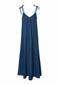 Robe maxi en denim bleu foncé sans manches, col en V avec bretelles réglables à nouer aux épaules, coupe ample et fluide.