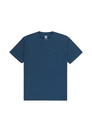 Kurzärmeliges T-Shirt mit Rundhalsausschnitt aus tiefem Marineblau Baumwolle. Verfügt über ein dezentes, erhabenes Logo auf der Brust. Glatte Textur, lockere Passform.