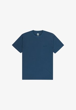 Kurzärmeliges T-Shirt mit Rundhalsausschnitt aus tiefem Marineblau Baumwolle. Verfügt über ein dezentes, erhabenes Logo auf der Brust. Glatte Textur, lockere Passform.