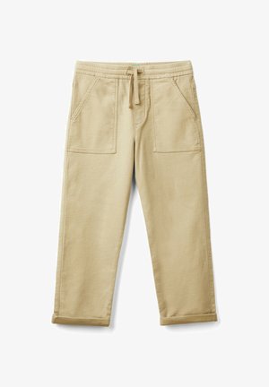 Beige Baumwoll-Jogginghosen mit elastischem Bund, Kordelzug und zwei Vordertaschen; gekürzte Länge mit umgeschlagenen Säumen. Weiche Textur.